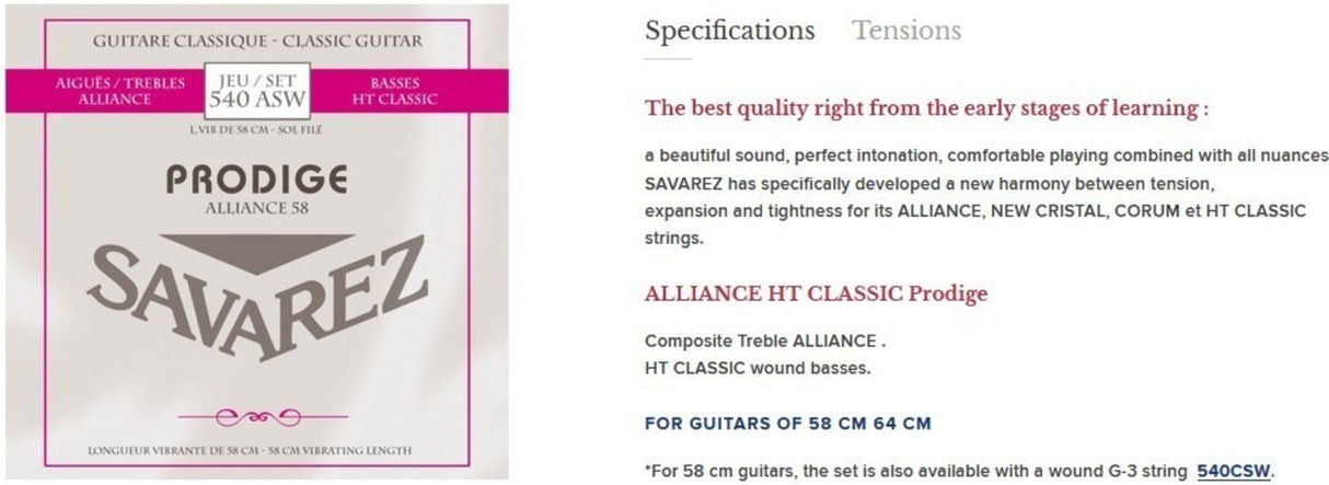 Savarez Strings for classic guitar Prodige 38 Children's Guitar - 3/4-7/8 Carbon Gw (540ASW)