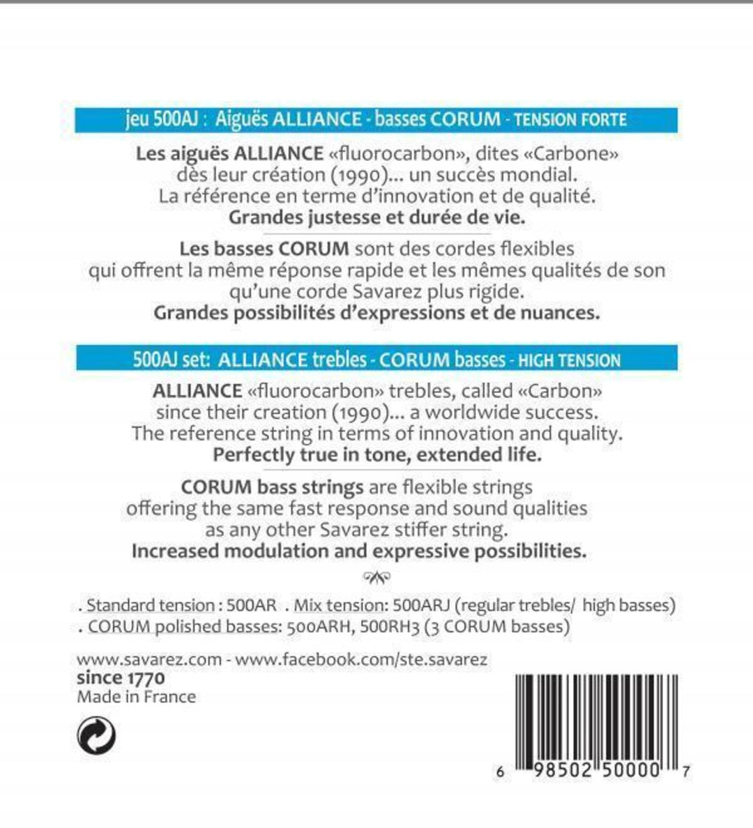Savarez Strings for classic guitar Alliance Corum - Set high (500AJ)