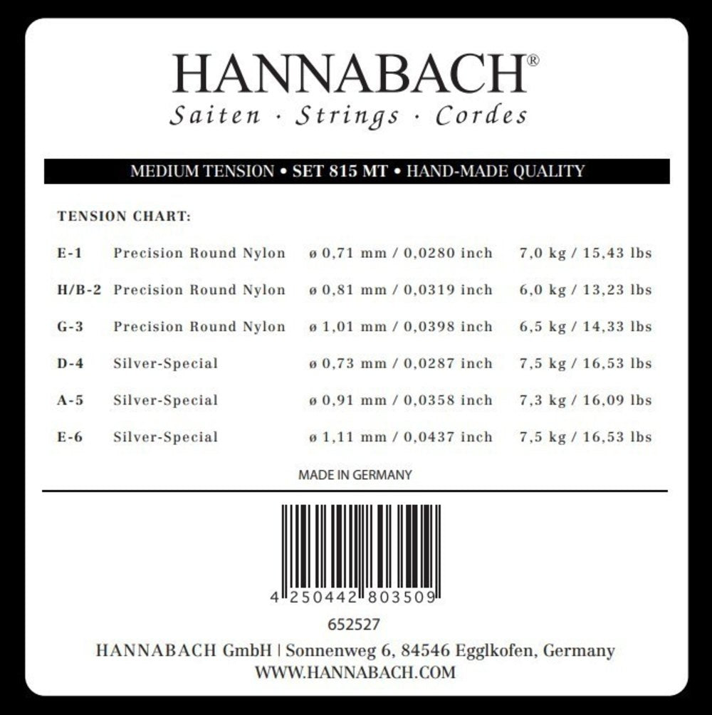 Hannabach 815 diskantsæt E1, H/B2 og G3, medium tension