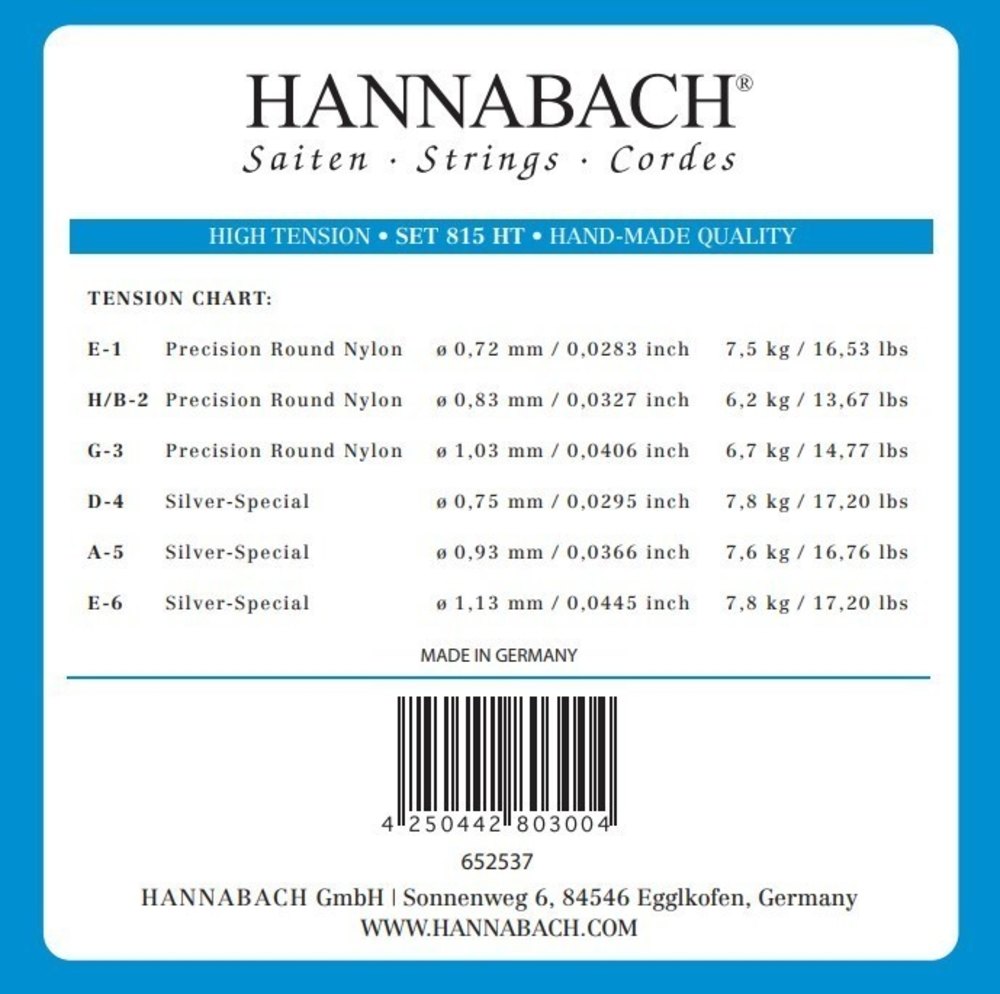 Hannabach 815 diskantsæt E1, H/B2 og G3, high tension