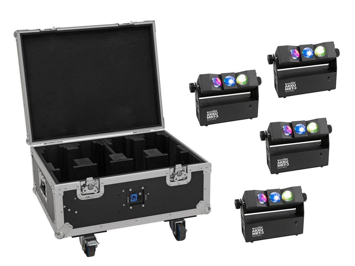 EUROLITE Set 4x AKKU MBT-3 Spot MK2 + Flightcase with wheels and charging function