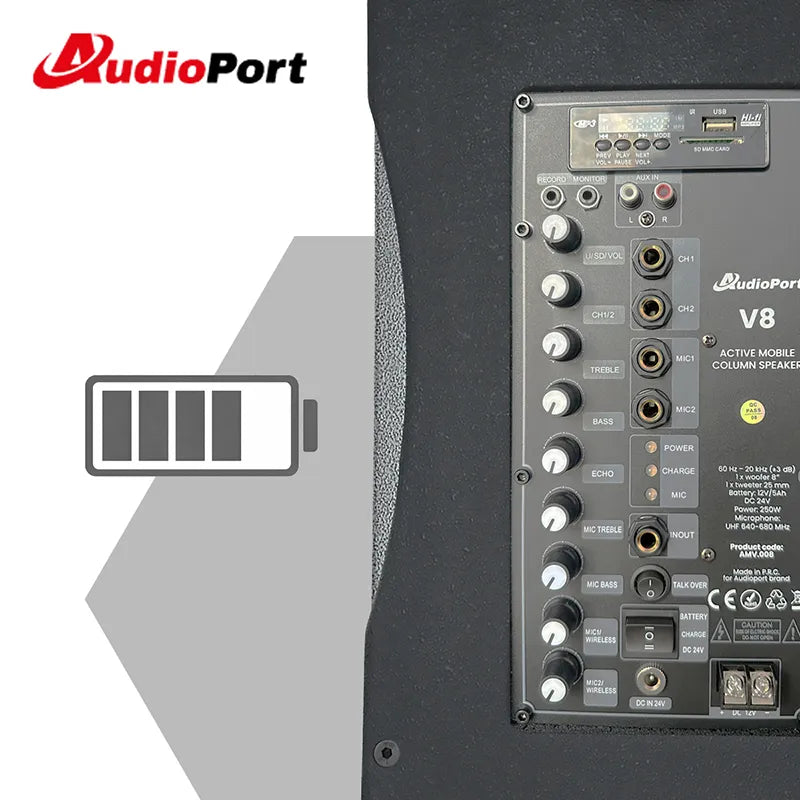 Audioport V8 transportabel aktiv højttaler 250 W med 2 mikrofoner