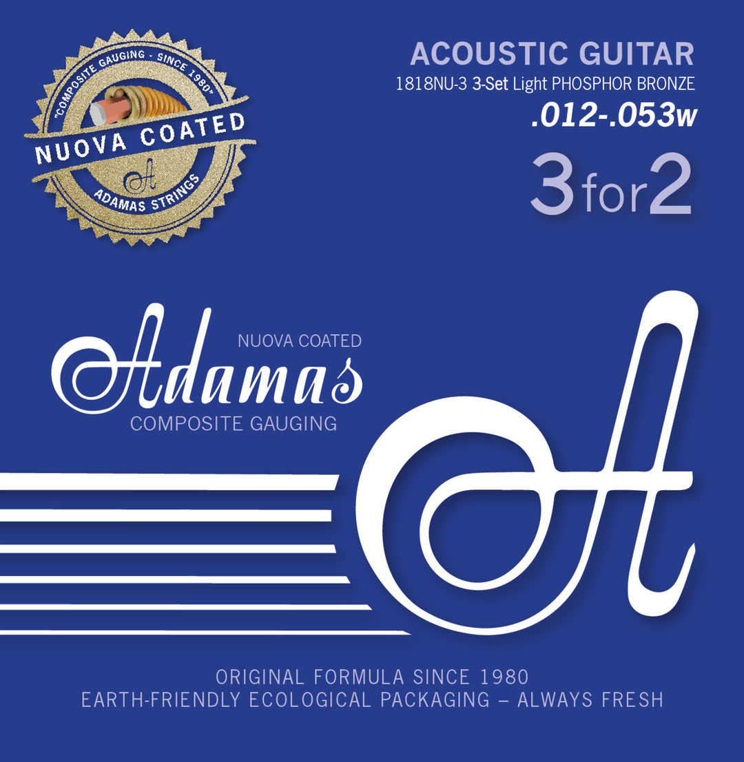 Adamas Strings for Acoustic Guitar Nuova phosphor bronze coated set (3) - Set of 3 Light .012 (1818NU-3)