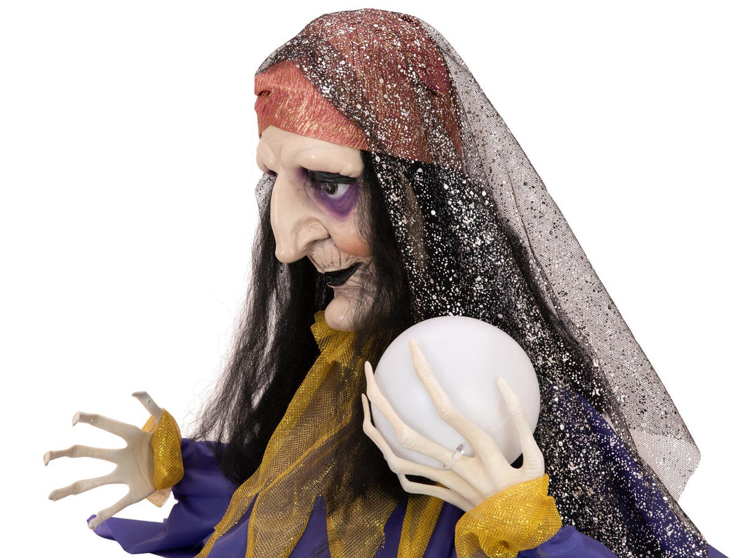 Halloween-figur spåkone med krystalkugle, animeret, 40 cm