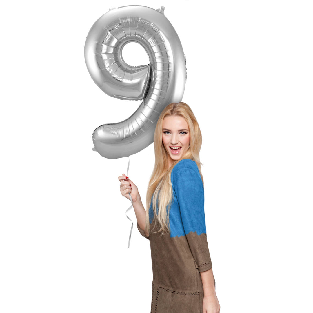 9 Formet Nummer Folieballon (Sølv, 86 cm)