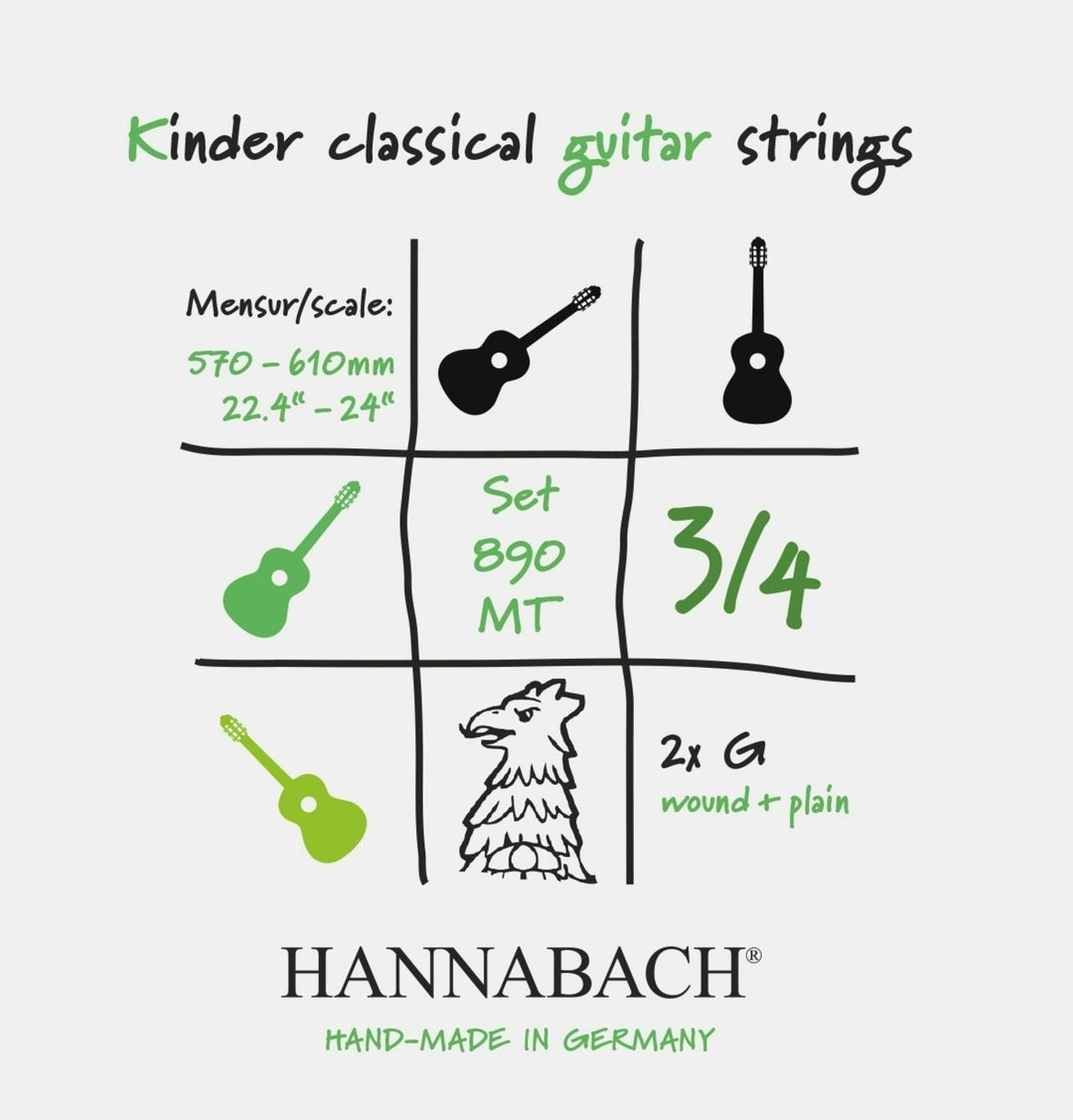 Hannabach Strings for classic guitar Serie 890 3/4 guitar for children Duel: 57-61cm - Set of 2 G-Strings (890MT 3/4)