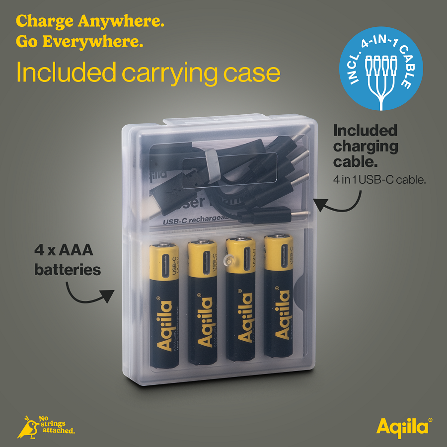 Aqiila Rechargable AAA Battery, 4-pack USB-C, Lithium, 1.5V/600mAh