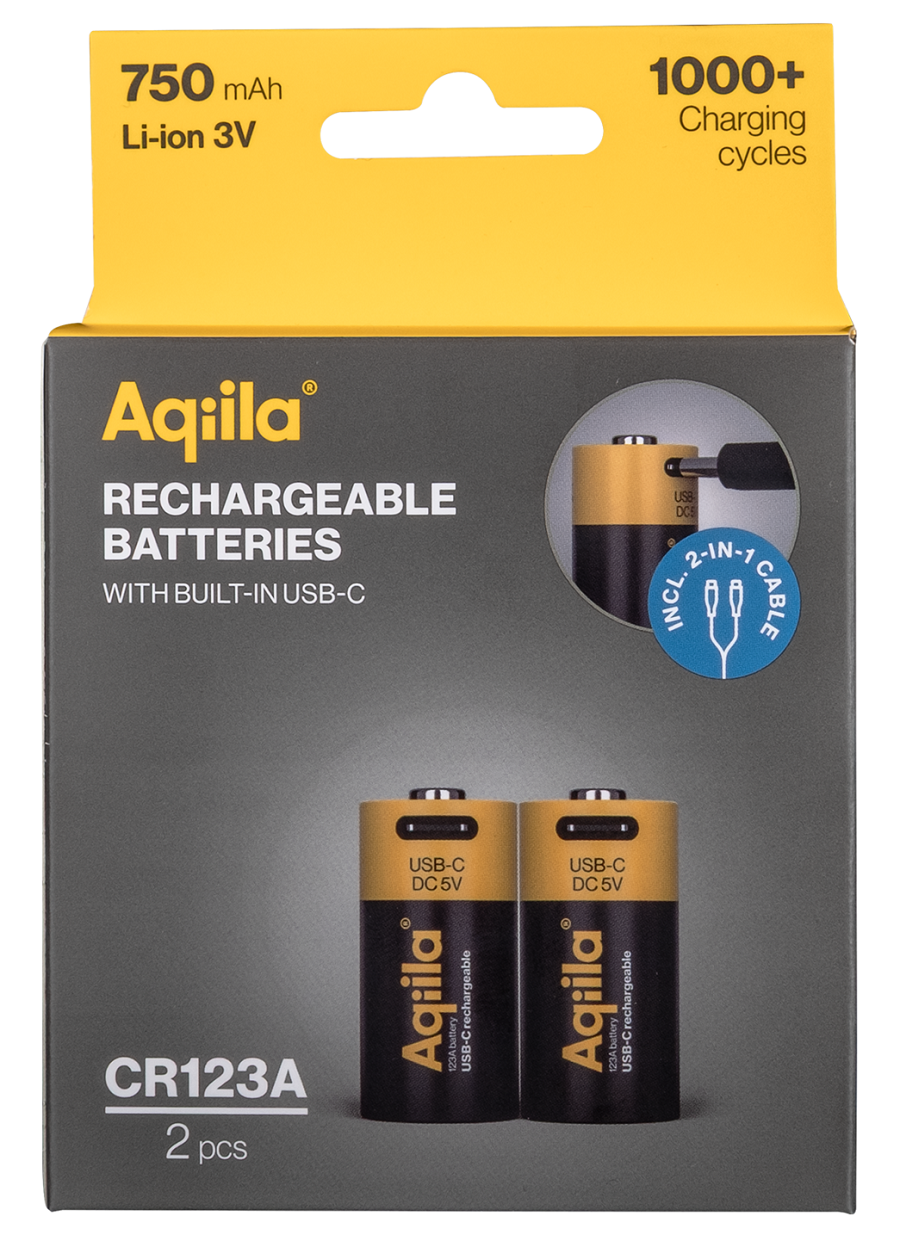 Aqiila Rechargable CR123A Battery 2-pack USB-C, Lithium, 3V/750mAh