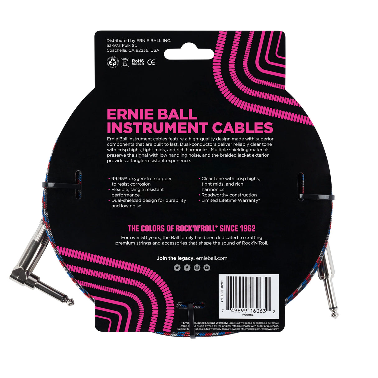 Ernie Ball 6063 Guitar Kabel (Sort, Rød, Hvid, 7,5m)