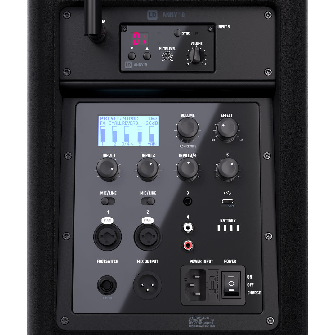 LD Systems ANNY® 8 BPH B5 - Bærbar batteridrevet Bluetooth® PA-højttaler med mixer og 1x headset-mikrofon (inkl. bodypack), Stage Black