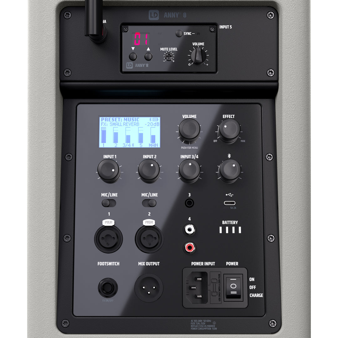 LD Systems ANNY® 8 BPH B8 G - Bærbar batteridrevet Bluetooth® PA-højttaler med mixer og 1x headsetmikrofon (inkl. bodypack), Urban Grey