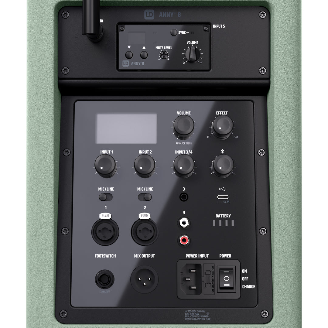 LD Systems ANNY® 8 HHD B6 GN - Bærbar batteridrevet Bluetooth® PA-højttaler med mixer og 1x trådløs håndholdt mikrofon, Adventure Green