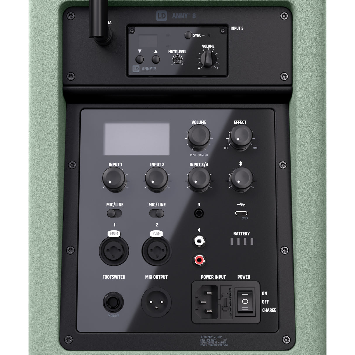 LD Systems ANNY® 8 HHD B6 GN - Bærbar batteridrevet Bluetooth® PA-højttaler med mixer og 1x trådløs håndholdt mikrofon, Adventure Green