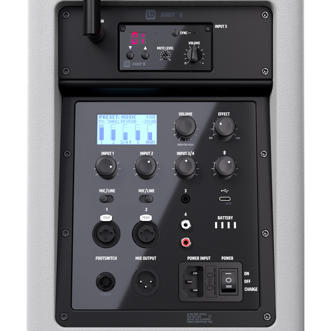 LD Systems ANNY® 8 HHD B6 W - Bærbar batteridrevet Bluetooth® PA-højttaler med mixer og 1x trådløs håndholdt mikrofon, Ren hvid