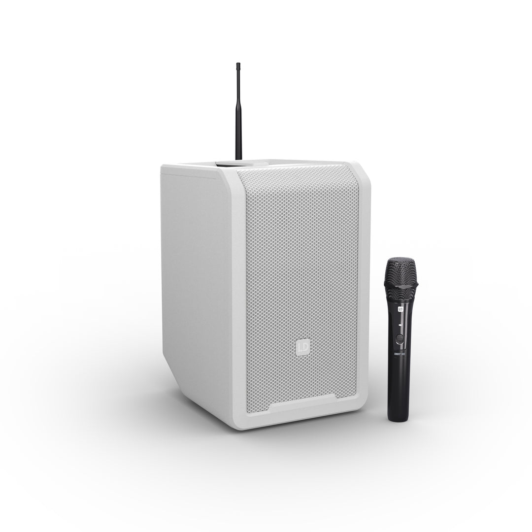 LD Systems ANNY® 8 HHD B8 W - Bærbar batteridrevet Bluetooth® PA-højttaler med mixer og 1x trådløs håndholdt mikrofon, ren hvid