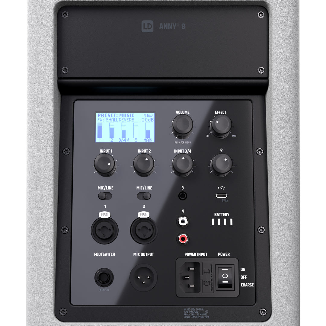 LD Systems ANNY® 8 W - Transportabel batteridrevet Bluetooth® PA-højttaler med mixer, ren hvid