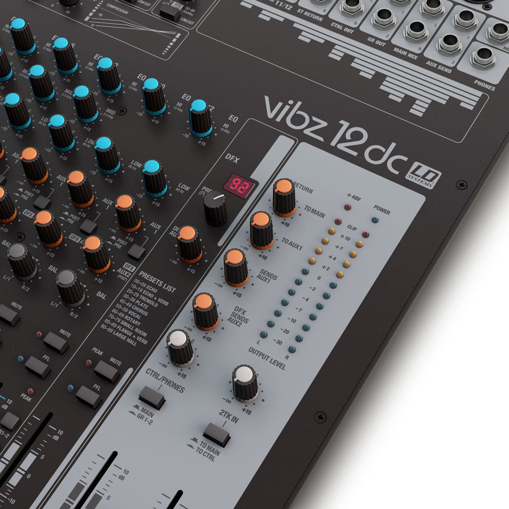 LD Systems VIBZ 12 DC - 12-kanals mixerkonsol med DFX og kompressor