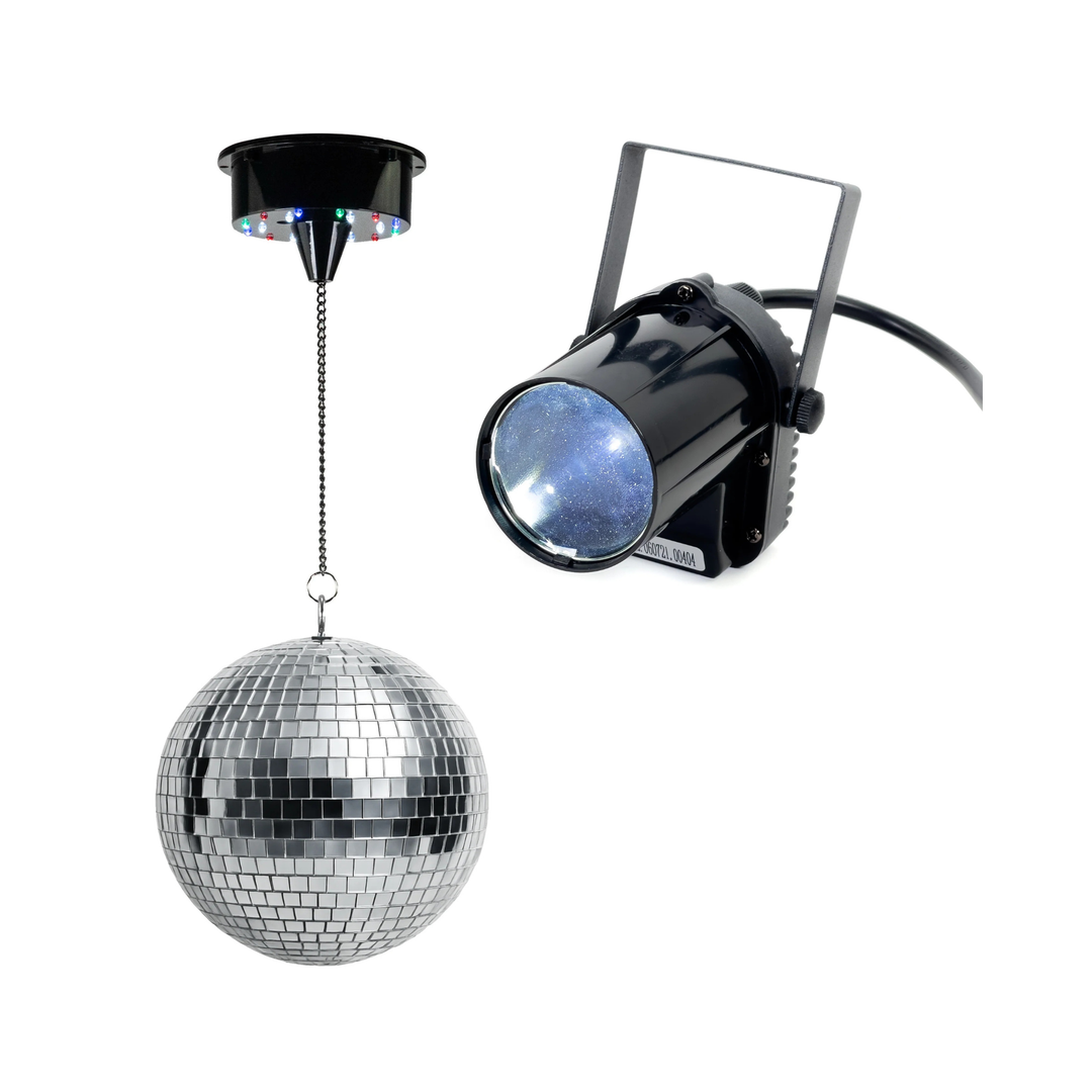 Batteridrevet Diskokugle m. LED (20 cm) & Pinspot