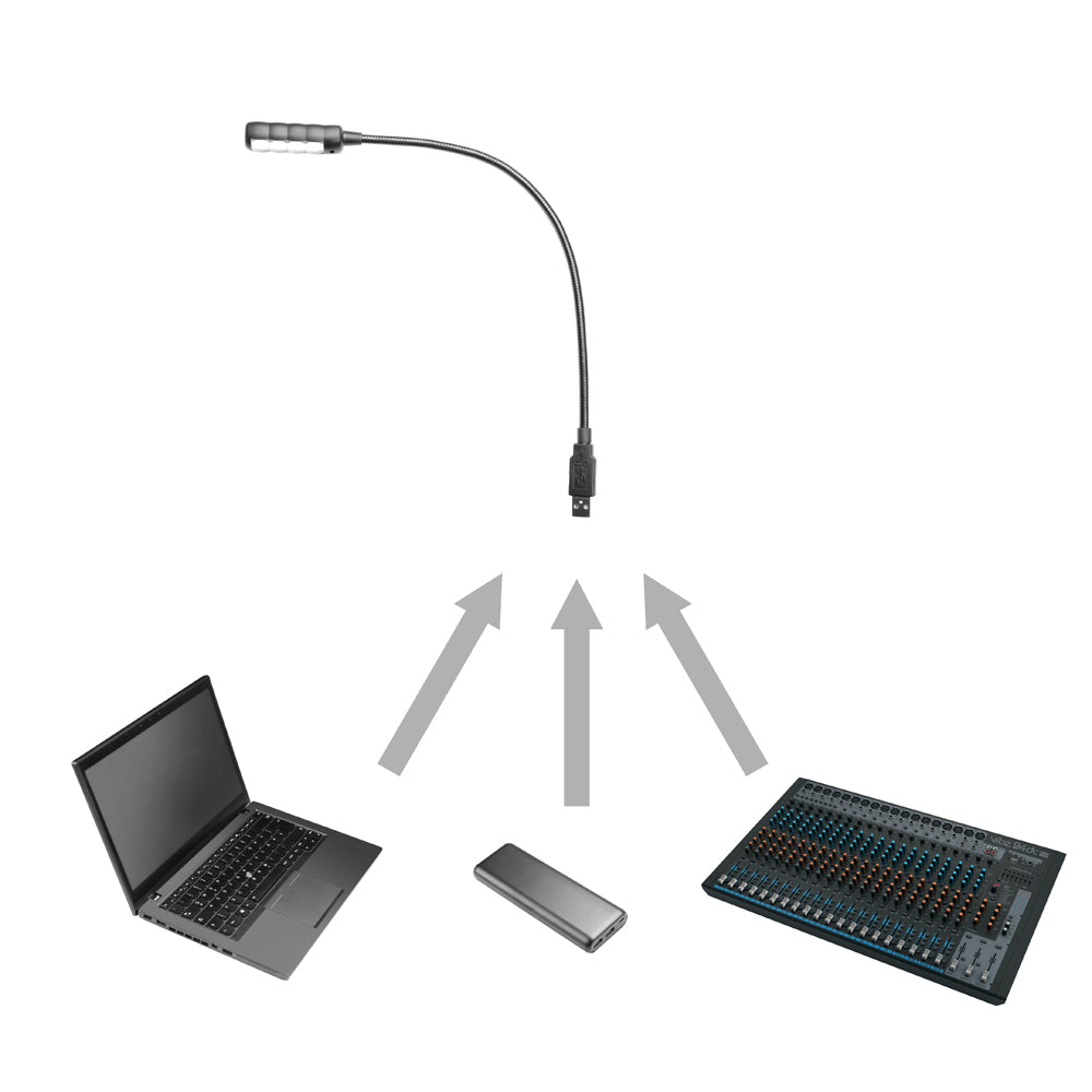 Adam Hall Stands SLED 1 ULTRA USB C - Svanehalslampe, USB-stik, 4 COB-LED’er og valgfrie farver