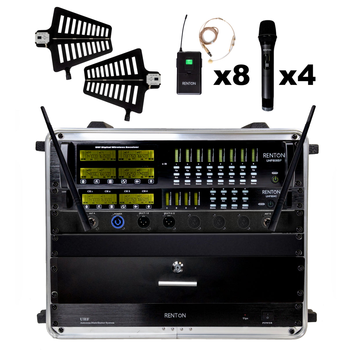 Renton Rack Trådløst Kombi System (4 Håndholdt + 8 Headset)