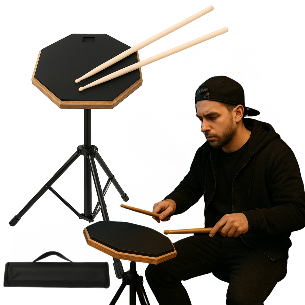 V-TONE PDS1 BK Øvepad 12" – Practice Drum Pad Sæt med Stativ, Sticks og Taske
