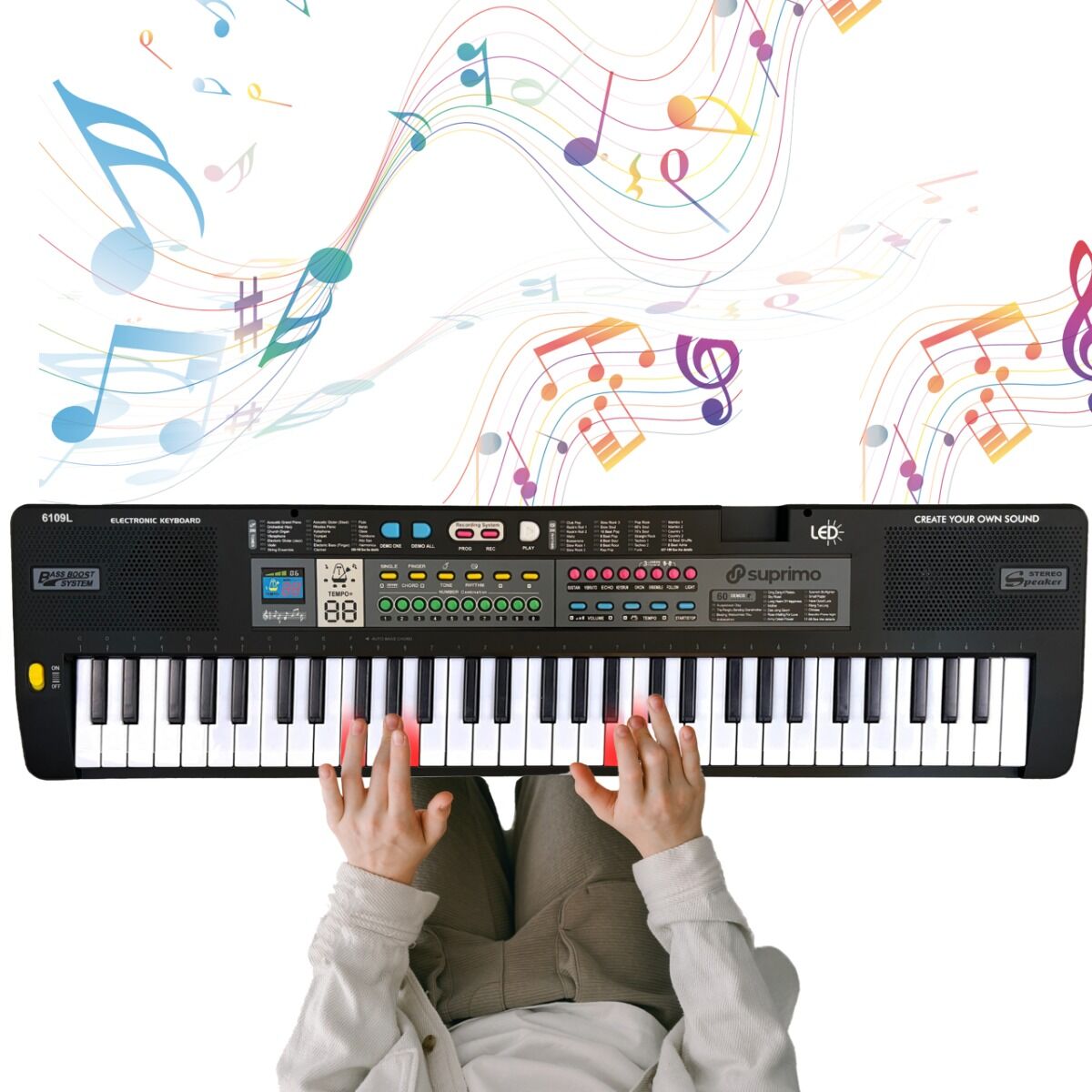 SUPRIMO 6109L Keyboard med Lysende Tangenter, Mikrofon og Nodestativ