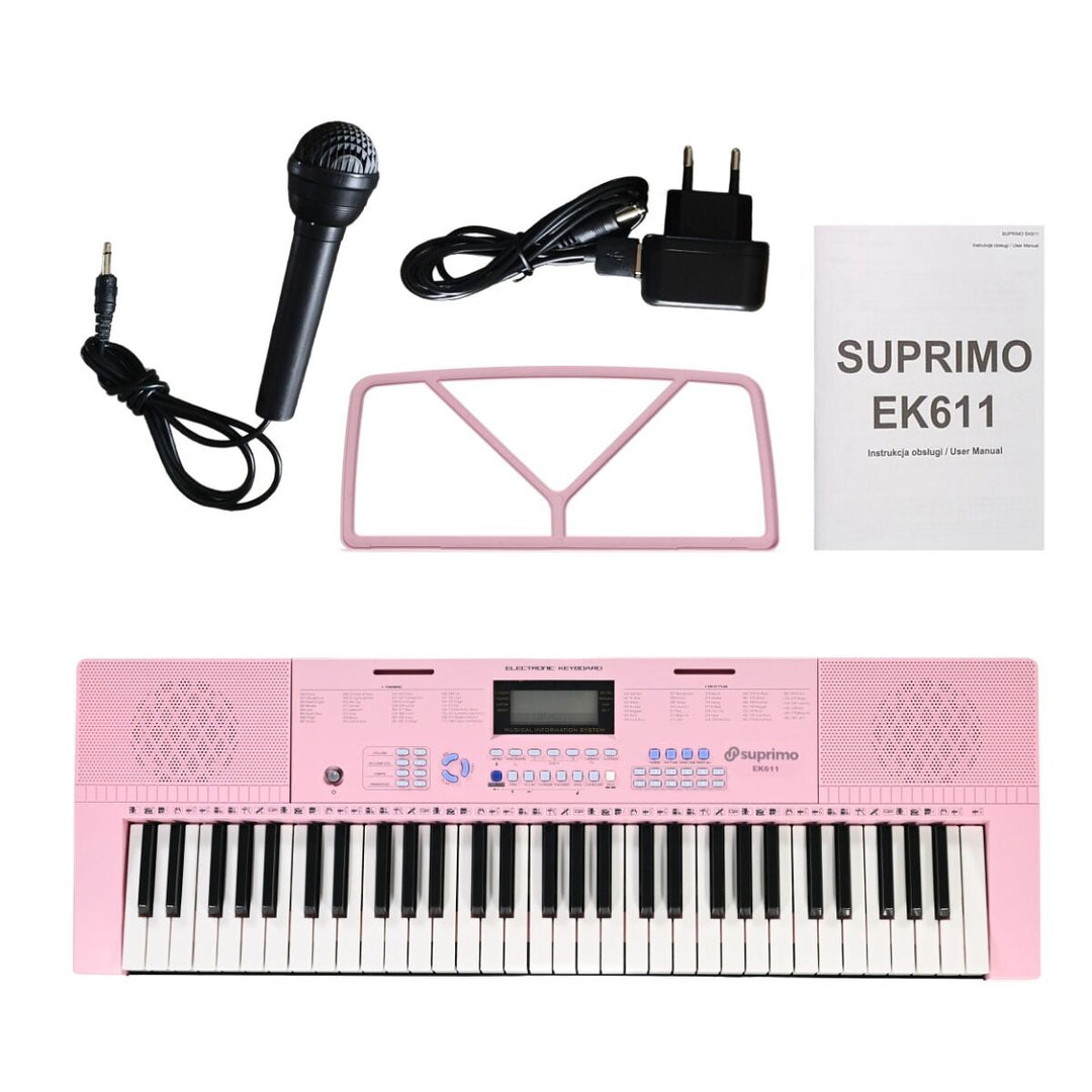 SUPRIMO Keyboard 61 Tangenter Pink med Mikrofon og Nodestativ