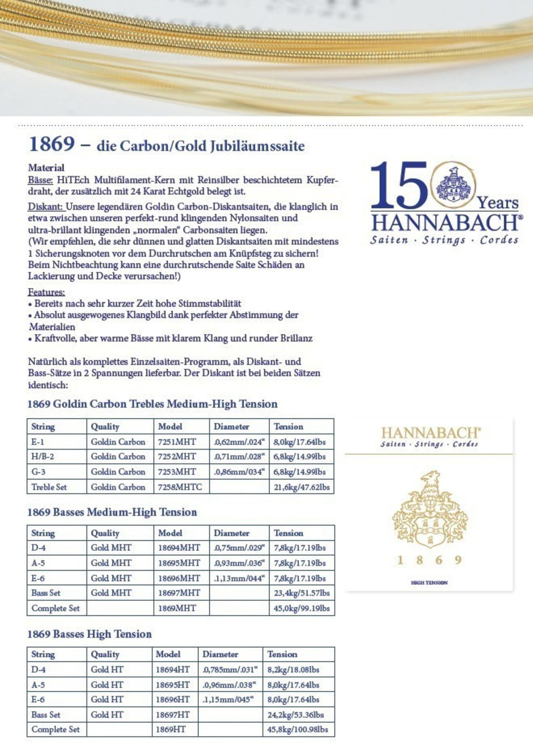 Hannabach Strings for classic guitar Serie 1869 Carbon/Gold MHT - Set MHT (1869MHT)
