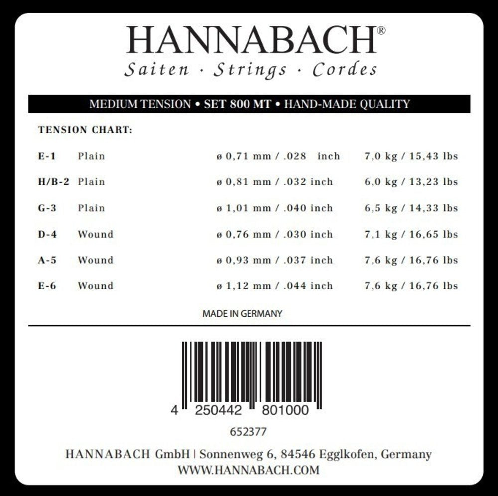Hannabach 800 diskantsæt E1, H/B2 og G3, medium tension