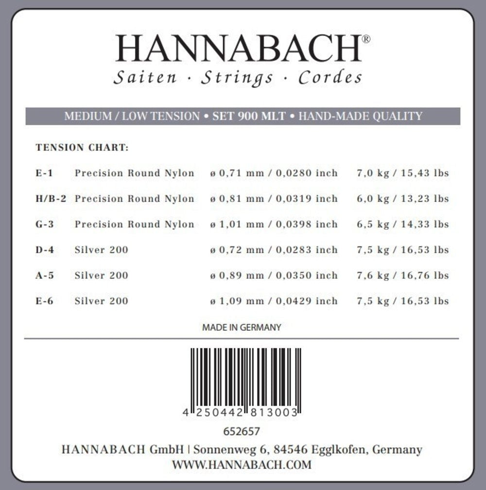 Hannabach 900 E6 basstreng til klassisk guitar, medium/low tension