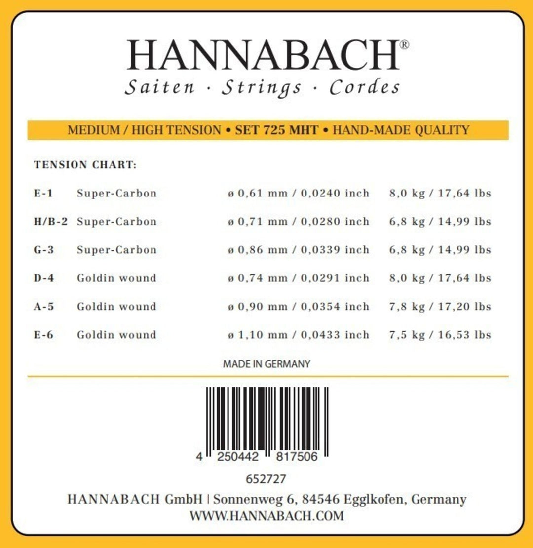 Hannabach Strings for classic guitar Series 725 Medium/High Tension Goldin - 3pc treble set (7258MHTC)