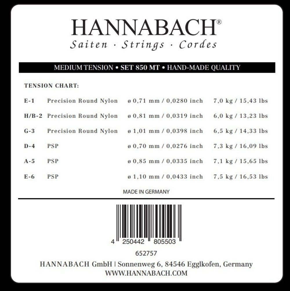 Hannabach 850 E6 basstreng til klassisk guitar, medium tension
