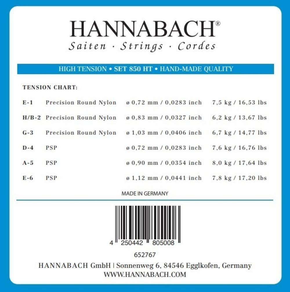 Hannabach 850 D4 basstreng til klassisk guitar, high tension