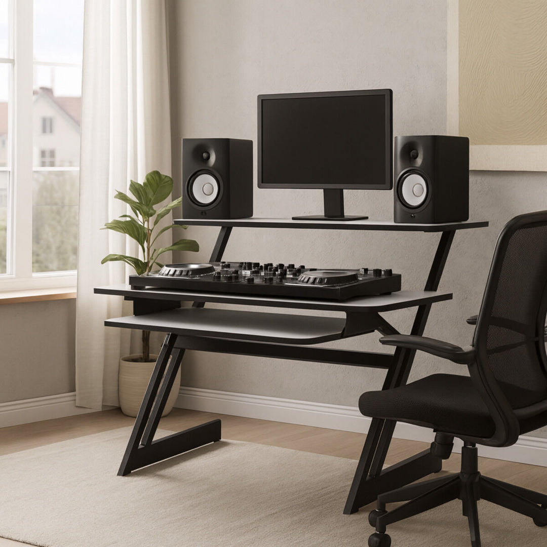Studiebord med hylder og udtræk til keyboard (120 cm)