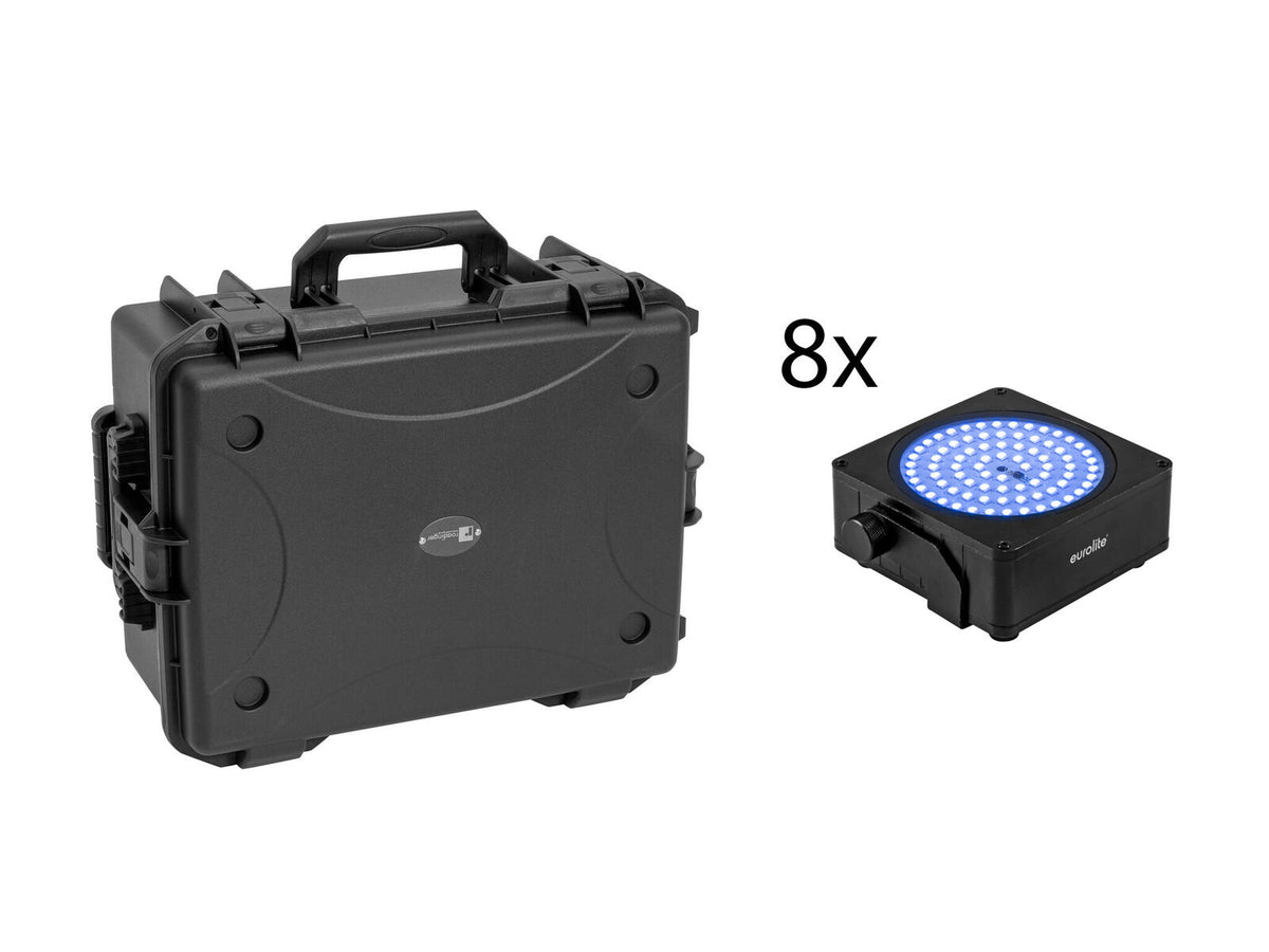 Eurolite Set 8x AKKU IP Flat Light SMD Black + Plastic Case with Trolley