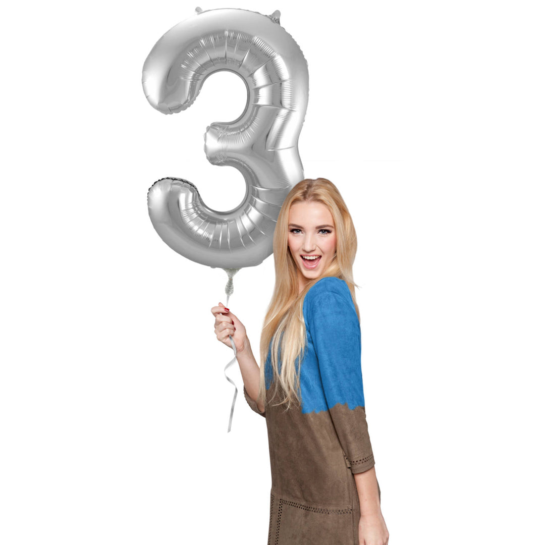 3 Formet Nummer Folieballon (Sølv, 86 cm)