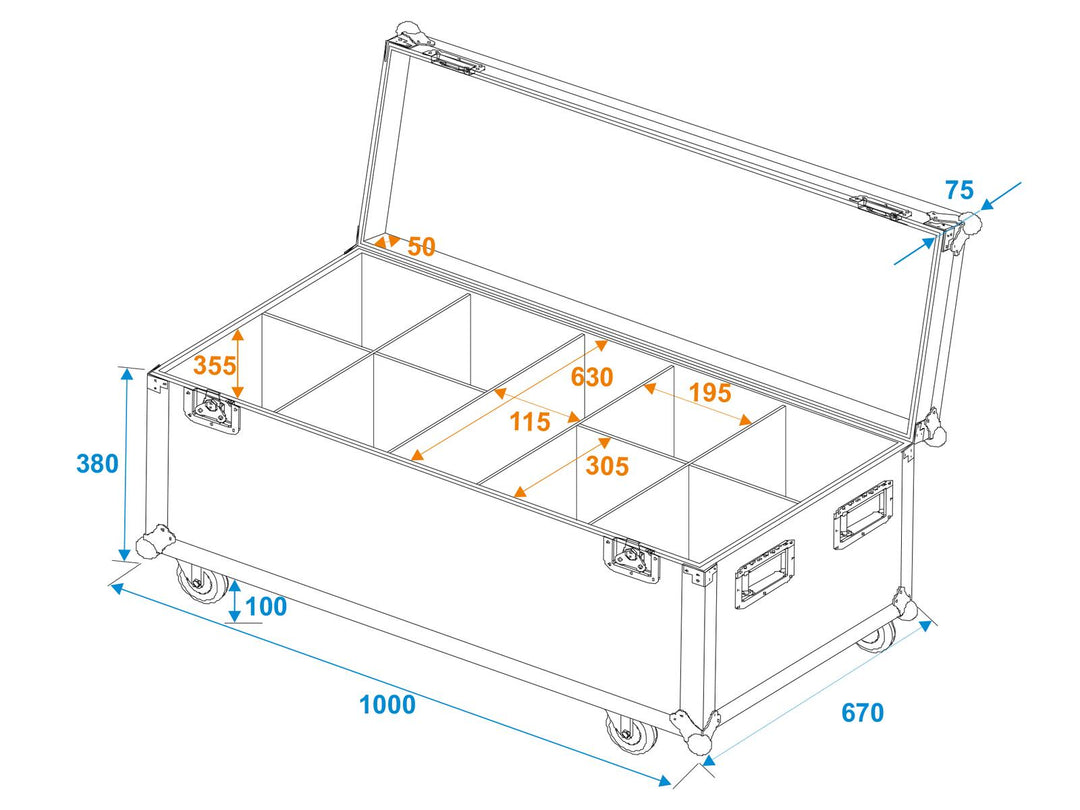 ROADINGER Flightcase 8x LED IP PAR 12x8W QCL/12x9 SQL Spot with wheels
