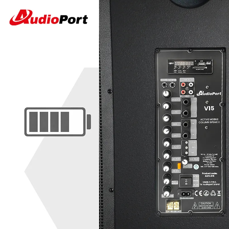 Audioport V15 transportabel aktiv højttaler 500 W med 2 mikrofoner