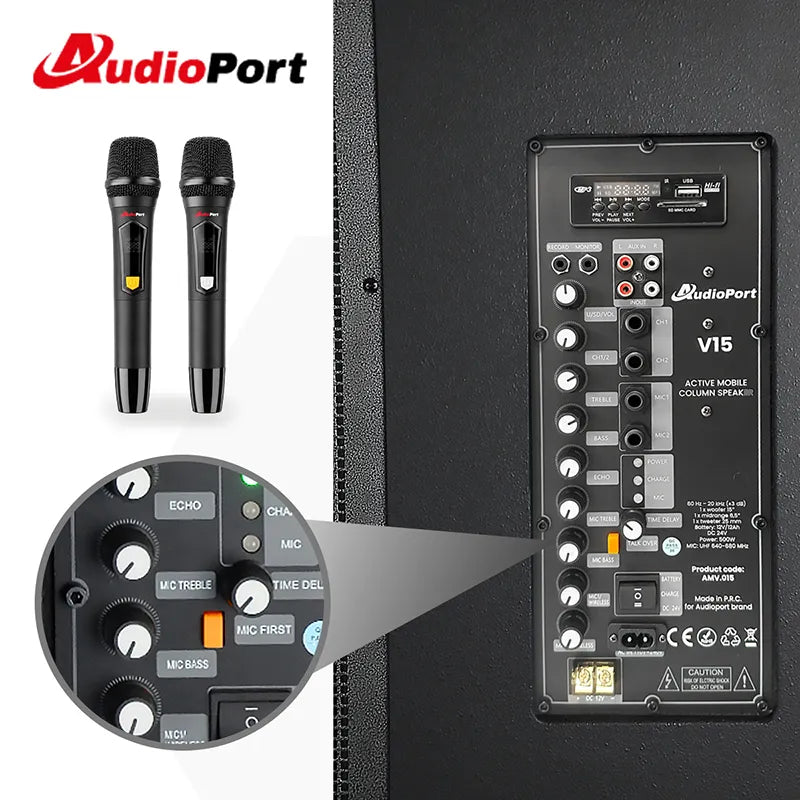 Audioport V15 transportabel aktiv højttaler 500 W med 2 mikrofoner