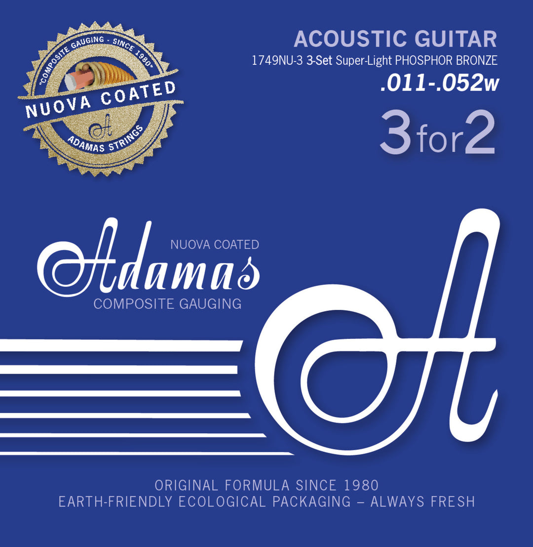 Adamas Strings for Acoustic Guitar Nuova phosphor bronze coated set (3) - Set of 3 Super-Light .011 (1749NU-3)