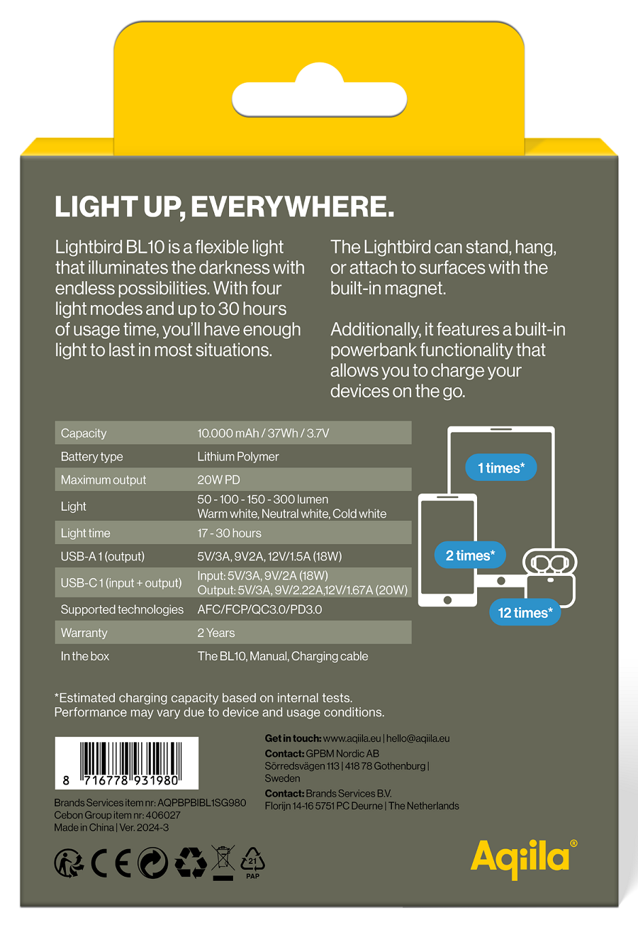 Aqiila Lightbird BL10 Powerbank + Lamp 10k mAh