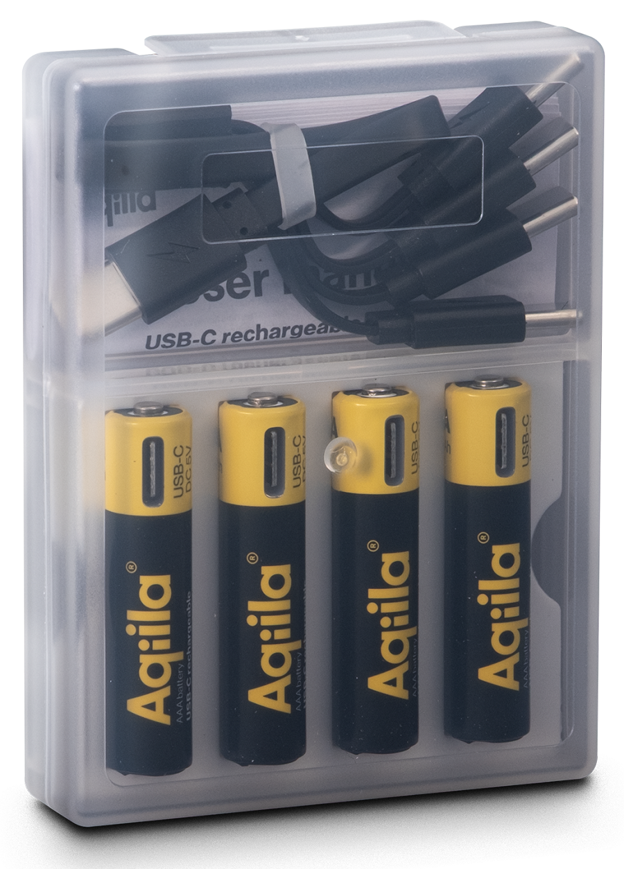 Aqiila Rechargable AAA Battery, 4-pack USB-C, Lithium, 1.5V/600mAh