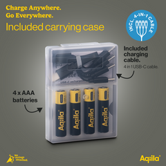 Aqiila Rechargable AAA Battery, 4-pack USB-C, Lithium, 1.5V/600mAh