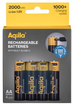 Aqiila Rechargable AA Battery, 4-pack USB-C, Lithium, 1.5V/2000mAh