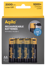 Aqiila Rechargable AA Battery, 4-pack USB-C, Lithium, 1.5V/2000mAh