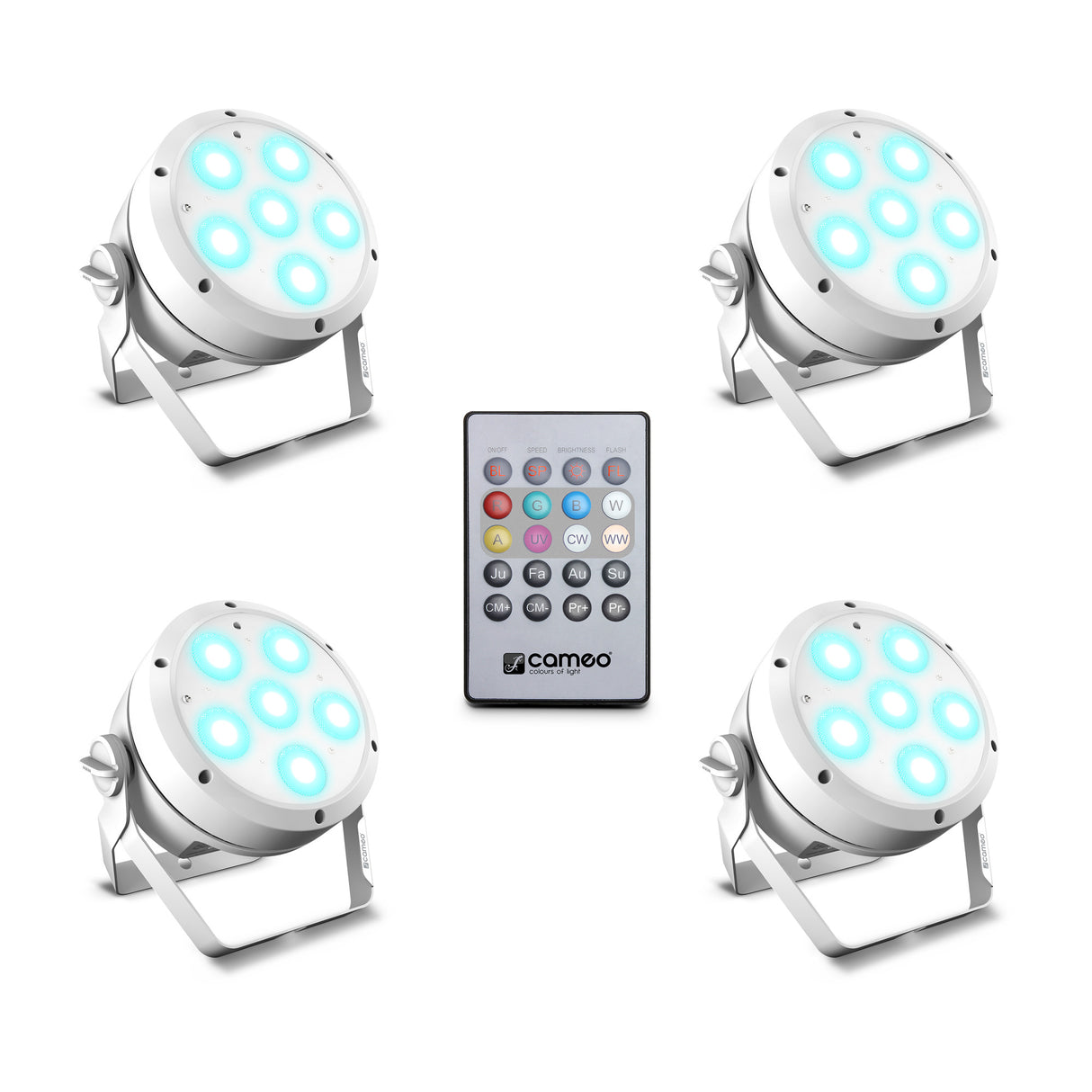Cameo ROOT® PAR 6 WH SÆT 1 - Sæt inklusive 4 x CLROOTPAR6WH inkl. IR-fjernbetjening (CLPFLAT1REMOTE)