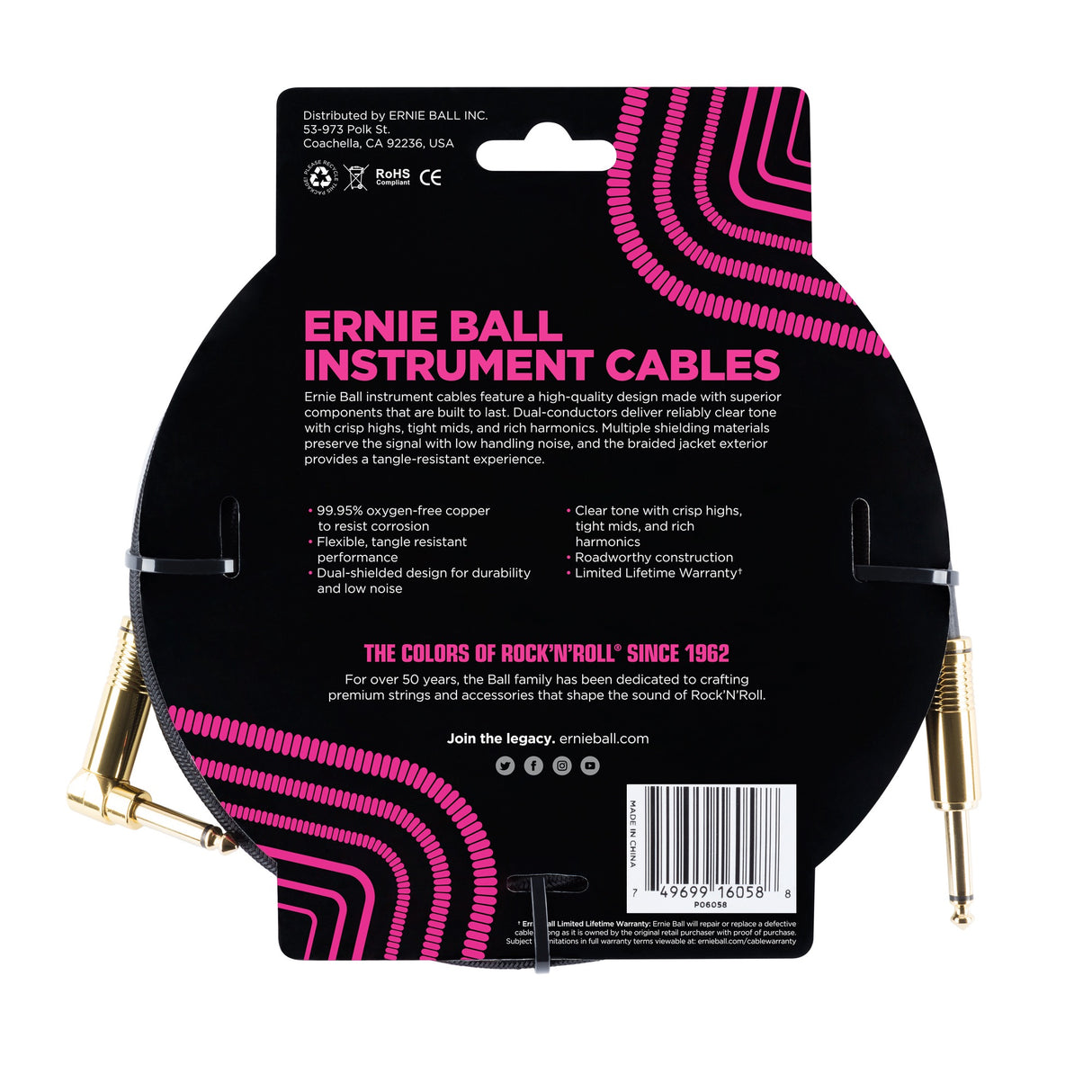 Ernie Ball 6058 Guitar Kabel (Sort, 7,5m)