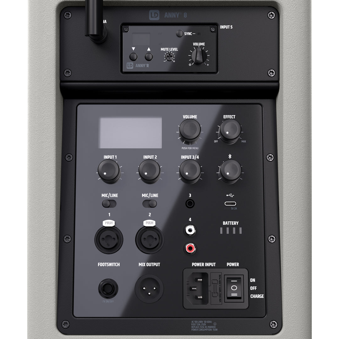 LD Systems ANNY® 8 BPH B8 G - Bærbar batteridrevet Bluetooth® PA-højttaler med mixer og 1x headsetmikrofon (inkl. bodypack), Urban Grey