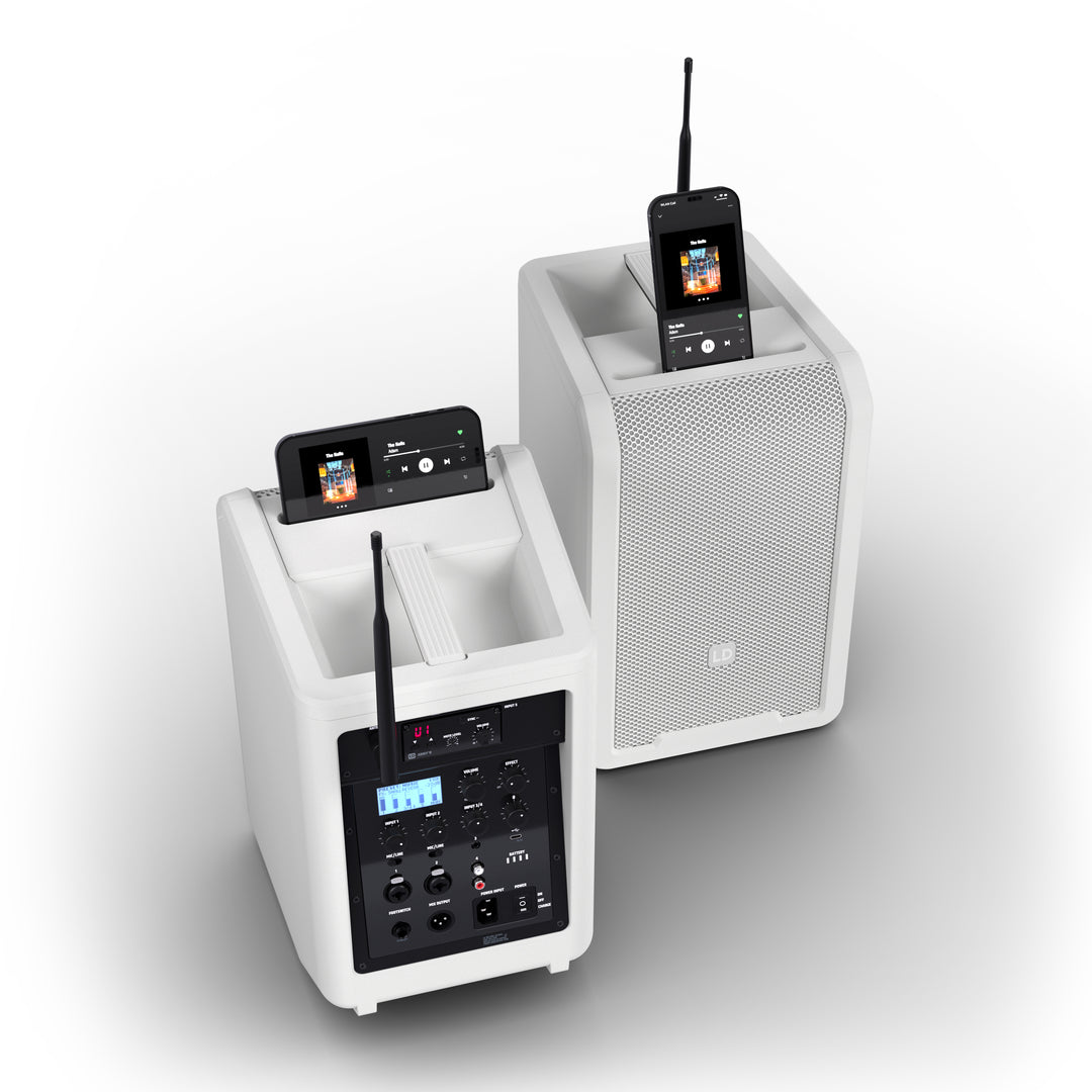 LD Systems ANNY® 8 HHD B5 W - Bærbar batteridrevet Bluetooth® PA-højttaler med mixer og 1x trådløs håndholdt mikrofon, ren hvid
