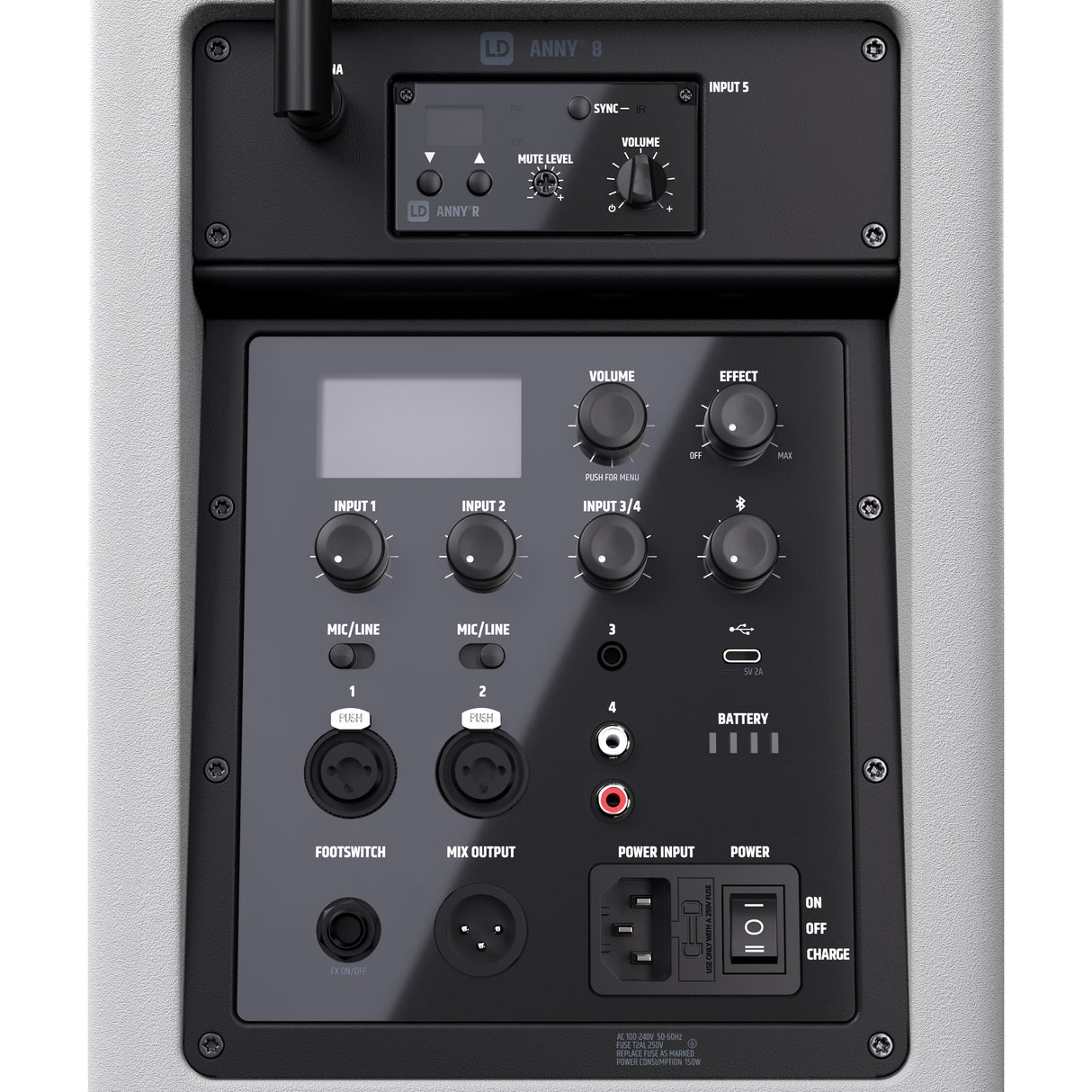 LD Systems ANNY® 8 HHD B5 W - Bærbar batteridrevet Bluetooth® PA-højttaler med mixer og 1x trådløs håndholdt mikrofon, ren hvid